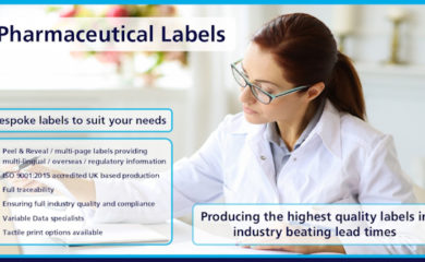 Bespoke Pharmaceutical Labels to suit your needs. Lady in white lab coat looking at benefits of Pharmaceutical Labels