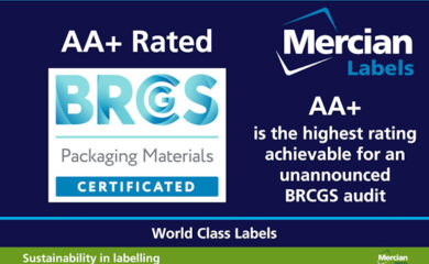 Dark Blue background showing the Mercian Labels logo at top left, the 'BRCGS Packaging Materials Certificated' logo centred to the left and statement that AA+ is the highest rating achievable for an unannounced BRCGS audit