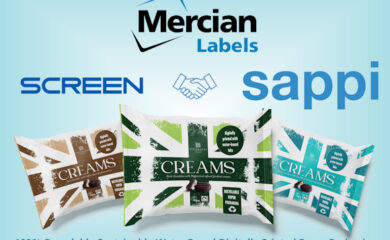 Image showing the Mercian Labels logo at the top centre with an icon of two hands shaking (in greeting) below it with the SCREEN Europe logo to the left and the SAPPI logo to the right. Beneath this are three images of packs of Whitakers chocolates with the one on the left being primarily in brown, the one on the right being primarily in turquoise and the one in the centre being primarily in green - each with a union jack flag image in their respective colours as a background