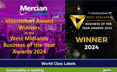 An image of a room full of people seated around round tables in smart business attire or evening dresses with predominantly purple lighting, waiting for the awards presentations to start – overlaid with the Mercian Labels logo and the words ‘Investment Award Winners at the West Midlands Business of the Year Awards 2024’ in Gold text and a Winner’s logo to the right hand side.