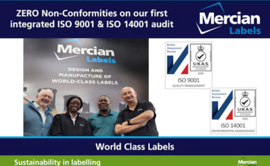 Image with the Mercian Labels logo at top right with the ISO 9001 and ISO 14001 accreditation badges beneath it, whilst the left hand side has text at the top stating ‘ZERO Non-Conformities on our first integrated ISO 9001 & ISO 14001 audit, with an image below it showing 4 people (3 men and 1 woman) standing shoulder to shoulder, looking down into the camera – all smiling - with the man on the right having his arms folded across his chest.