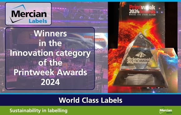 An image of a room set up for the Awards ceremony with predominantly purple lighting, waiting for the awards presentations to start – overlaid with the Mercian Labels logo and the words ‘Winners in the Innovation category at the PrintWeek Awards 2024’ in white text and a picture of the pyramid shaped, clear glass, engraved, Winners trophy to the right hand side.