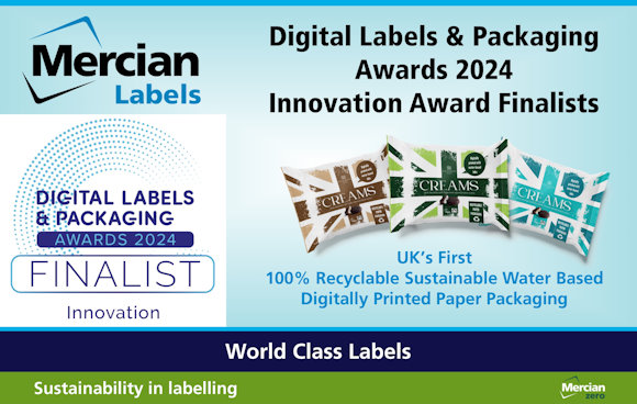 A rectangular image with a light blue background and the words ‘Digital Labels & Packaging Awards 2024 Innovation Award Finalists’ across the top right, with images of three different union jack based packaging designs below that and the text ‘UK’s First 100% Recyclable Sustainable Water Based Digitally Printed Paper Packaging’ underneath them, whilst to the left hand side is an Awards Finalist logo with the sub-text of ‘Innovation’ underneath it.