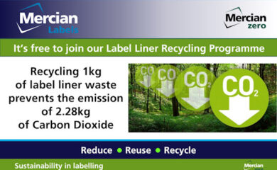 An image with the Mercian Labels logo at the top left and the Mercian Zero logo at the top right, with the words ‘It’s free to join our Label Liner Recycling Programme’ in white text on a mid green background across the width towards the top of the image. Below that in black text on a white background are the words ‘Recycling 1kg of label liner waste prevents the emission of 2.28kgs of Carbon Dioxide’ to the left hand side, with an image of trees in a forest to the right hand side overlaid with decreasing sized green circles with CO2 in white and a white downward pointing arrow in each circle.