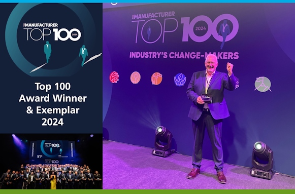 A rectangular image with The Manufacturer Top 100 2024 Awards logo at the top left with the words ‘Top 100 Award Winner & Exemplar 2024’ written in white underneath that and a wide shot of all 100 award recipients stand on the stage with their trophies and then a larger image to the right of Jean-Michel Sintome (a white male wearing a dark blue suit and brown shoes) smiling whilst standing in front of the stage backdrop, holding his trophy with one hand and punching the air with the other.