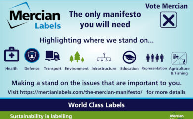 A graduated light blue image background with the Mercian Labels logo at the top left with the words ‘The only manifesto you will need’ in dark blue text centred across the header with a dark blue cross (letter X) within a dark blue box to the right hand side with the words ‘Vote Mercian’ above it. Below that is a series of 8 icons with the titles of Health, Defence, Transport, Environment, Infrastructure, Education, Representation and finally Agriculture & Fishing underneath them. The text 'Making a stand on the issues that are important to you'. is centred below that and then 'Visit www.mercianlabels.com/the-mercian-manifesto/ for more details centred across the bottom.