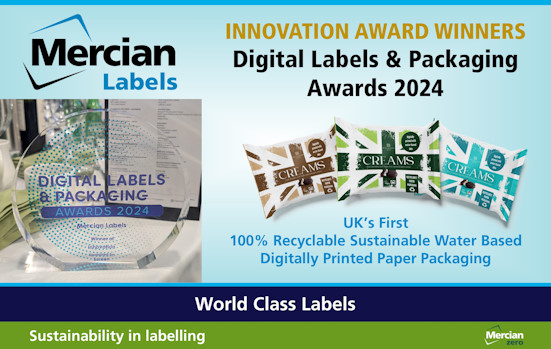 A rectangular image with a light blue background and the words ‘Digital Labels & Packaging Awards 2024 Innovation Award Winners’ across the top right, with images of three different union jack based packaging designs below that and the text ‘UK’s First 100% Recyclable Sustainable Water Based Digitally Printed Paper Packaging’ underneath them, whilst to the left hand side is a photo of Innovation Award Winners trophy on a table at the awards ceremony surrounded by napkins, wine glasses and an event programme.