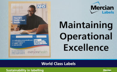 A light blue background with the Mercian Labels logo in the top right corner with the words ‘Maintaining Operational Excellence’ underneath it, with a photo, to the left hand side, of an NHS Health Check Results leaflet showing a variety of contact details on it.