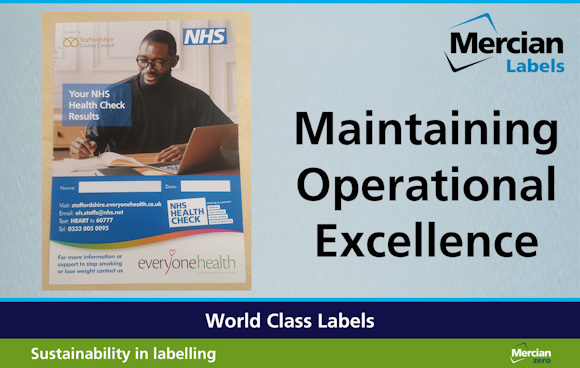 A light blue background with the Mercian Labels logo in the top right corner with the words ‘Maintaining Operational Excellence’ underneath it, with a photo, to the left hand side, of an NHS Health Check Results leaflet showing a variety of contact details on it.