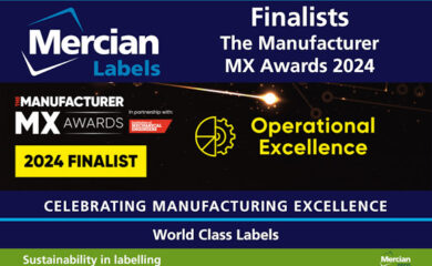 Rectangular image with a dark blue background and white text highlighting Mercian Labels nomination as Finalists in the Operational Excellence category of The Manufacturer MX Awards 2024 - Celebrating Manufacturing Excellence.