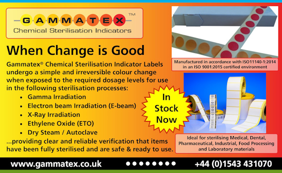 A graduated colour background going from yellow on the left to red on the right with the Gammatex® logo at the top left, an image showing a strip of unexposed (yellow) circular Gamma Dot labels with a strip of exposed (red) circular Gamma Dot labels crossing over the top of it at the top right hand side, with the text ‘Manufactured in accordance with ISO11140-1:2014 in an ISO 9001:2015 certified environment’ underneath it and a picture of reels of Gamma stripe labels against a blue background underneath that and the text ‘Ideal for sterilising Medical, Dental, Pharmaceutical, Industrial, Food Processing and Laboratory materials’ underneath that.