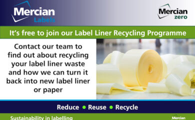 An image with the Mercian Labels logo at the top left and the Mercian Zero logo at the top right, with the words ‘It’s free to join our Label Liner Recycling Programme’ in white text on a mid green background across the width towards the top of the image. Below that in black text on a white background are the words 'Contact our team to find out about recycling your label liner waste and how we can turn it back into new label liner or paper'. To the right of this is an image of a large reel of partly unfurled blank label liner sat on a clean and shiny factory floor. Beneath all of this - across the width of the full image are the words 'Reduce. Reuse, Recycle.'