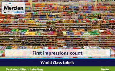 An elevated view across multiple supermarket aisles showing thousands of individual, brightly coloured shapes and sizes of products with the Mercian Labels logo in the top left and the words ‘First impressions count’ centred across the base.