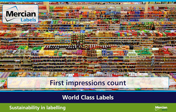 An elevated view across multiple supermarket aisles showing thousands of individual, brightly coloured shapes and sizes of products with the Mercian Labels logo in the top left and the words ‘First impressions count’ centred across the base.