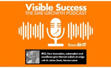 An icon of an old fashioned desk stand microphone in white on a deep orange background, with white lines of different lengths to represent sound waves emitting from both sides of it and the words ‘Visible Success – THE SME GROWTH PODCAST’ in white above it.