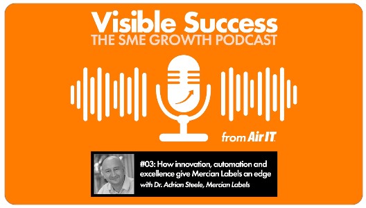 An icon of an old fashioned desk stand microphone in white on a deep orange background, with white lines of different lengths to represent sound waves emitting from both sides of it and the words ‘Visible Success – THE SME GROWTH PODCAST’ in white above it.