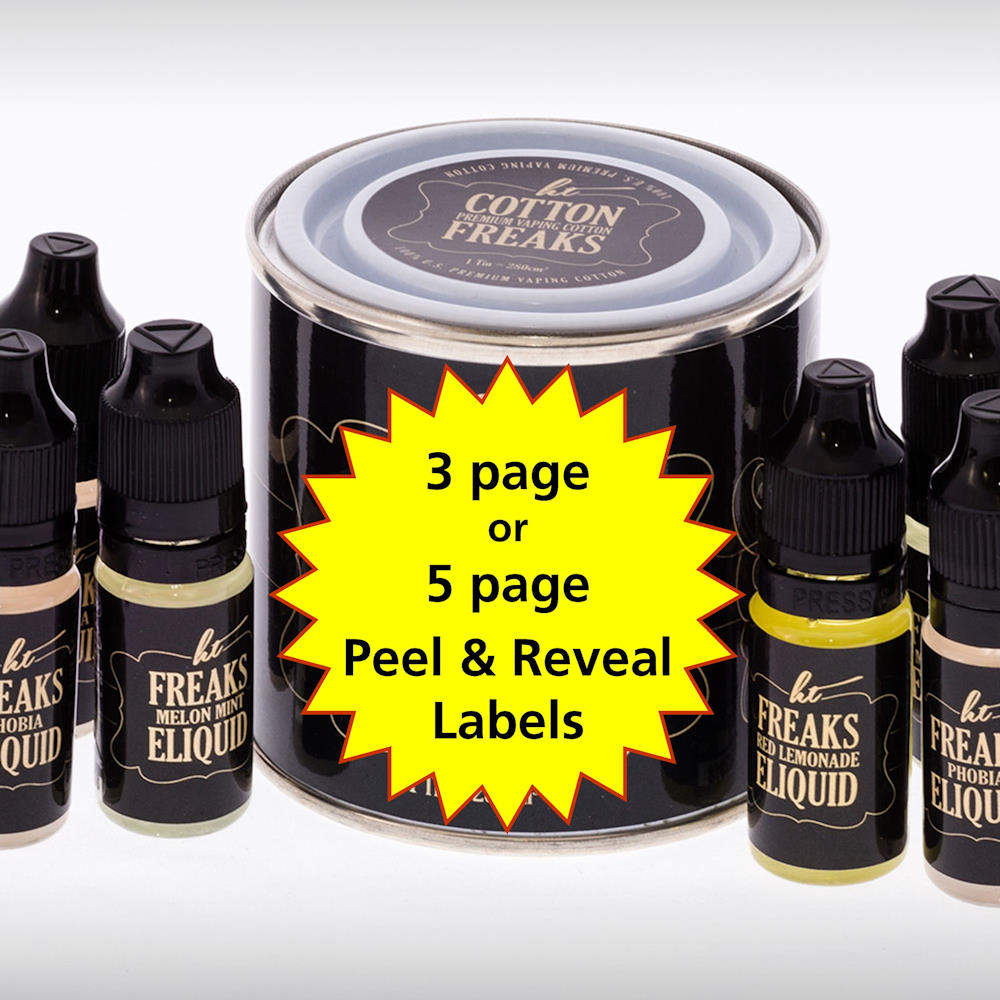 Image showing a paint tin with a large yellow 32 point star in front of it with the text '3 page or 5 page Peel & Reveal Labels' centred within it and number of small clear plastic bottles with black lids, sitting on either side with black and yellow labels on