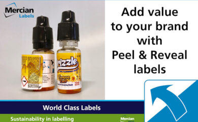 Image of two small clear plastic bottles with black plastic lids on where the bottle area is covered by a primarily yellow coloured self-adhesive label. The bottle on the left has much of the top layer of the label peeled back so you can see another printed layer underneath. To the right hand side is text saying 'Add value to your brand with Peel & Reveal labels' and in the bottom right hand corner is a blue curved arrow indicating that the 'label' can be peeled back to reveal more information underneath.