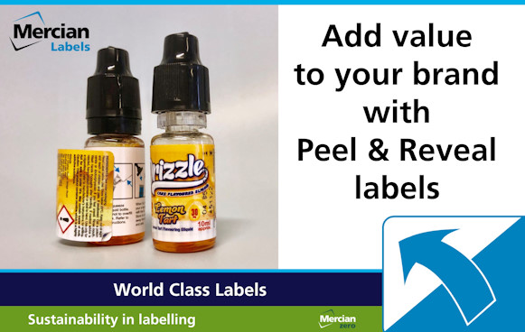 Image of two small clear plastic bottles with black plastic lids on where the bottle area is covered by a primarily yellow coloured self-adhesive label. The bottle on the left has much of the top layer of the label peeled back so you can see another printed layer underneath. To the right hand side is text saying 'Add value to your brand with Peel & Reveal labels' and in the bottom right hand corner is a blue curved arrow indicating that the 'label' can be peeled back to reveal more information underneath.