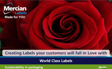 Close up of a single red rose with the words ‘Creating Labels your customers will fall in Love with’ centred across the base.