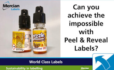 Image of two small clear plastic bottles with black plastic lids on where the bottle area is covered by a primarily yellow coloured self-adhesive label. The bottle on the left has much of the top layer of the label peeled back so you can see another printed layer underneath. To the right hand side is text saying ‘Can you achieve the impossible with Peel & Reveal Labels?' and in the bottom right hand corner is a blue curved arrow indicating that the 'label' can be peeled back to reveal more information underneath.