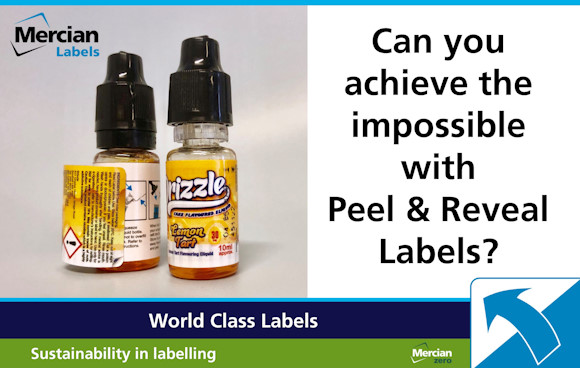 Image of two small clear plastic bottles with black plastic lids on where the bottle area is covered by a primarily yellow coloured self-adhesive label. The bottle on the left has much of the top layer of the label peeled back so you can see another printed layer underneath. To the right hand side is text saying ‘Can you achieve the impossible with Peel & Reveal Labels?' and in the bottom right hand corner is a blue curved arrow indicating that the 'label' can be peeled back to reveal more information underneath.