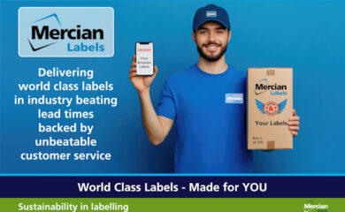 A courier wearing a blue uniform and cap with the Mercian Labels logo on is smiling while holding a cardboard box labelled "Mercian Labels – Speed & Service - Your Labels." In his other hand, he holds a smartphone displaying a message that reads "URGENT - Your Bespoke Labels." The background is bright blue with white text that reads: "Delivering world class labels in industry beating lead times backed by unbeatable customer service." A banner at the bottom reads "World Class Labels - Made for YOU" with a green section below that says "Sustainability in labelling" and the Mercian Zero logo.