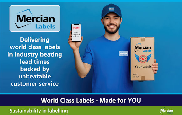 A courier wearing a blue uniform and cap with the Mercian Labels logo on is smiling while holding a cardboard box labelled "Mercian Labels – Speed & Service - Your Labels." In his other hand, he holds a smartphone displaying a message that reads "URGENT - Your Bespoke Labels." The background is bright blue with white text that reads: "Delivering world class labels in industry beating lead times backed by unbeatable customer service." A banner at the bottom reads "World Class Labels - Made for YOU" with a green section below that says "Sustainability in labelling" and the Mercian Zero logo.