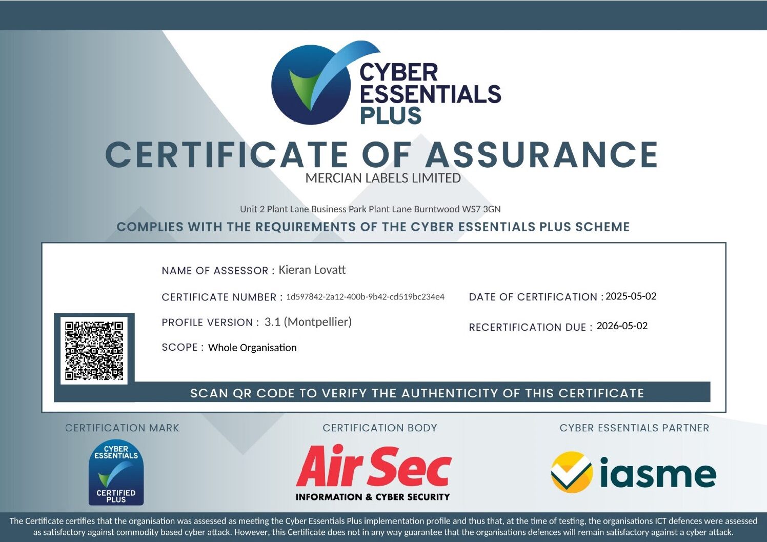 Cyber Essentials Plus Certificate for Mercian Labels