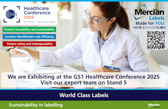 Promotional banner for Mercian Labels announcing their exhibition at the GS1 Healthcare Conference 2025, held on 29–30 April at the QEII Centre in London. A female healthcare professional is reviewing documents. Key topics include product traceability and sustainability (green bar), location identification and efficiency (blue bar), and patient safety and interoperability (red bar). The text invites attendees to visit their expert team on Stand 5. The Mercian Labels logo and a QR code are shown on the right, along with slogans "World Class Labels" and "Sustainability in labelling."