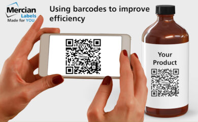 A person scans a QR code on a smartphone, which matches the QR code on a brown bottle labelled "Your Product." The image features the Mercian Labels logo with the words ‘Made for YOU’ directly underneath it, and the tagline "Using barcodes to improve efficiency."