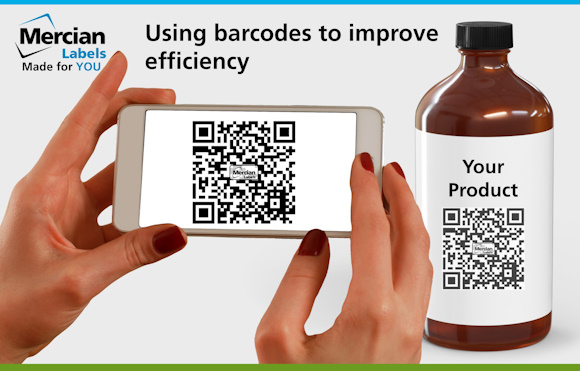 A person scans a QR code on a smartphone, which matches the QR code on a brown bottle labelled "Your Product." The image features the Mercian Labels logo with the words ‘Made for YOU’ directly underneath it, and the tagline "Using barcodes to improve efficiency."