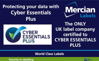 An image highlighting Mercian Labels Cyber Essentials Plus certification. It includes the Cyber Essentials Plus logo and text that reads: "Protecting your data with Cyber Essentials Plus. The ONLY UK label company certified to CYBER ESSENTIALS PLUS." The Mercian Labels logo is also displayed. At the bottom, it says: "World Class Labels" and "Security in labelling" with a green and blue bar.