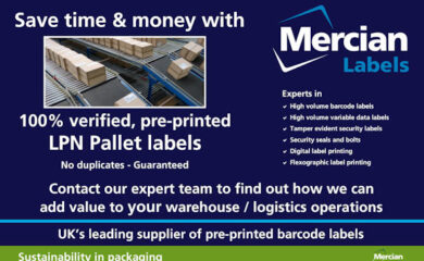 Image advertising 100% verified, pre-printed LPN pallet labels. A smaller picture shows labelled boxes on a conveyor system. Text highlights benefits like no duplicates, cost savings, and Mercian’s expertise in barcode labels and tamper evident security labels.