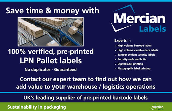 Image advertising 100% verified, pre-printed LPN pallet labels. A smaller picture shows labelled boxes on a conveyor system. Text highlights benefits like no duplicates, cost savings, and Mercian’s expertise in barcode labels and tamper evident security labels.