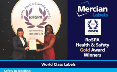 Two women stand in front of a RoSPA Health & Safety Awards backdrop, smiling and holding a certificate for the 2025 RoSPA Gold Award, sponsored by NEBOSH. The image celebrates Mercian Labels as Gold Award Winners, with branding and text stating “World Class Labels” and “Safety in labelling.”