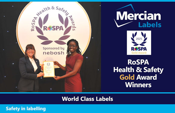 Two women stand in front of a RoSPA Health & Safety Awards backdrop, smiling and holding a certificate for the 2025 RoSPA Gold Award, sponsored by NEBOSH. The image celebrates Mercian Labels as Gold Award Winners, with branding and text stating “World Class Labels” and “Safety in labelling.”