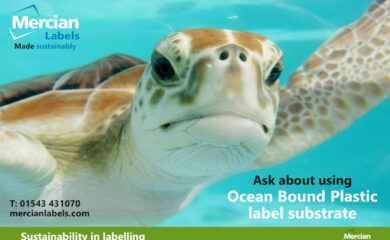 Close-up image of a sea turtle swimming underwater, used in a promotional banner for Mer-cian Labels. The banner promotes sustainable labelling and features the text: “Ask about us-ing the Ocean Bound Plastic label substrate.” The company’s contact details are included, along with the tagline “Sustainability in labelling” and the Mercian Zero logo, all emphasizing eco-friendly packaging solutions.