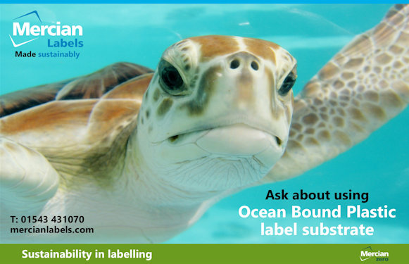 Close-up image of a sea turtle swimming underwater, used in a promotional banner for Mer-cian Labels. The banner promotes sustainable labelling and features the text: “Ask about us-ing the Ocean Bound Plastic label substrate.” The company’s contact details are included, along with the tagline “Sustainability in labelling” and the Mercian Zero logo, all emphasizing eco-friendly packaging solutions.