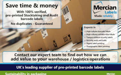 Image for Mercian Labels featuring a warehouse background with cardboard boxes bearing barcode labels. Text in the image highlights the benefits of using 100% verified, pre-printed Stocktaking and Audit barcode labels, emphasizing "No duplicates – Guaranteed" and cost/time savings for warehouse and logistics teams. A call-to-action invites businesses to contact Mercian's expert team. Additional box lists expertise areas: high-volume barcode and data labels, tamper-evident security labels, security seals, digital and flexographic printing. Footer states: "UK’s leading supplier of pre-printed barcode labels" and "Sustainability in packaging." Mercian Labels logo appears with the tagline "Made reliably."