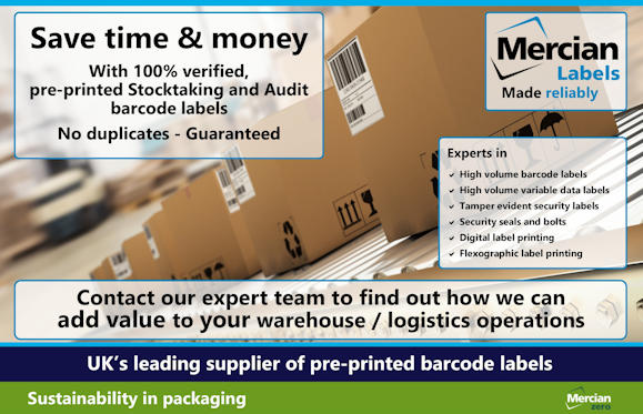 Image for Mercian Labels featuring a warehouse background with cardboard boxes bearing barcode labels. Text in the image highlights the benefits of using 100% verified, pre-printed Stocktaking and Audit barcode labels, emphasizing "No duplicates – Guaranteed" and cost/time savings for warehouse and logistics teams. A call-to-action invites businesses to contact Mercian's expert team. Additional box lists expertise areas: high-volume barcode and data labels, tamper-evident security labels, security seals, digital and flexographic printing. Footer states: "UK’s leading supplier of pre-printed barcode labels" and "Sustainability in packaging." Mercian Labels logo appears with the tagline "Made reliably."