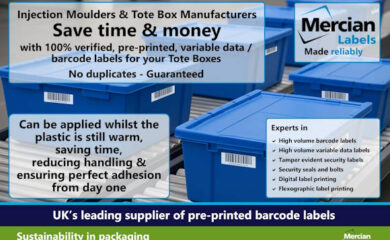 Image for Mercian Labels, advertising their pre-printed barcode label services for injection moulders and tote box manufacturers. The image shows blue plastic tote boxes with barcode labels on a conveyor system. Text highlights benefits such as saving time and money with 100% verified, pre-printed variable data labels and guaranteed no duplicates. Labels can be applied while plastic is still warm to ensure strong adhesion and reduce handling. A section lists expertise in high volume barcode and variable data labels, tamper-evident security labels, digital and flexographic label printing, and security seals. The image emphasises sustainability and Mercian Labels’ reliability.