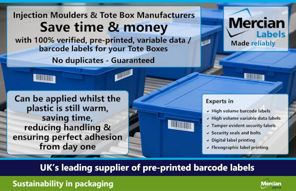 Image for Mercian Labels, advertising their pre-printed barcode label services for injection moulders and tote box manufacturers. The image shows blue plastic tote boxes with barcode labels on a conveyor system. Text highlights benefits such as saving time and money with 100% verified, pre-printed variable data labels and guaranteed no duplicates. Labels can be applied while plastic is still warm to ensure strong adhesion and reduce handling. A section lists expertise in high volume barcode and variable data labels, tamper-evident security labels, digital and flexographic label printing, and security seals. The image emphasises sustainability and Mercian Labels’ reliability.