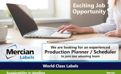 A job advertisement from Mercian Labels. The image shows a person working on a laptop at a desk with the text 'Exciting Job Opportunity' in the top right corner. Below, a white box contains the message 'We are looking for an experienced Production Planner / Scheduler to join our amazing team.' The Mercian Labels logo appears in the bottom left corner, with a blue bar underneath reading 'World Class Labels.' At the very bottom, a green bar displays 'Sustainability in labelling' alongside the Mercian Zero logo on the right.