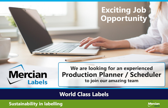 A job advertisement from Mercian Labels. The image shows a person working on a laptop at a desk with the text 'Exciting Job Opportunity' in the top right corner. Below, a white box contains the message 'We are looking for an experienced Production Planner / Scheduler to join our amazing team.' The Mercian Labels logo appears in the bottom left corner, with a blue bar underneath reading 'World Class Labels.' At the very bottom, a green bar displays 'Sustainability in labelling' alongside the Mercian Zero logo on the right.
