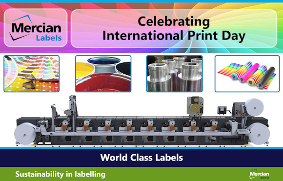 A promotional image celebrating "International Print Day" by "Mercian Labels" with a rainbow gradient background. The image features several smaller pictures: a colour swatch palette, containers of printing ink in yellow, red, and blue, metallic printing rollers, and rolls of colourful labels. Below these, a large image of a modern label printing press is displayed. The bottom of the image has text that reads "World Class Labels" and "Sustainability in labelling," along with "Mercian Zero."