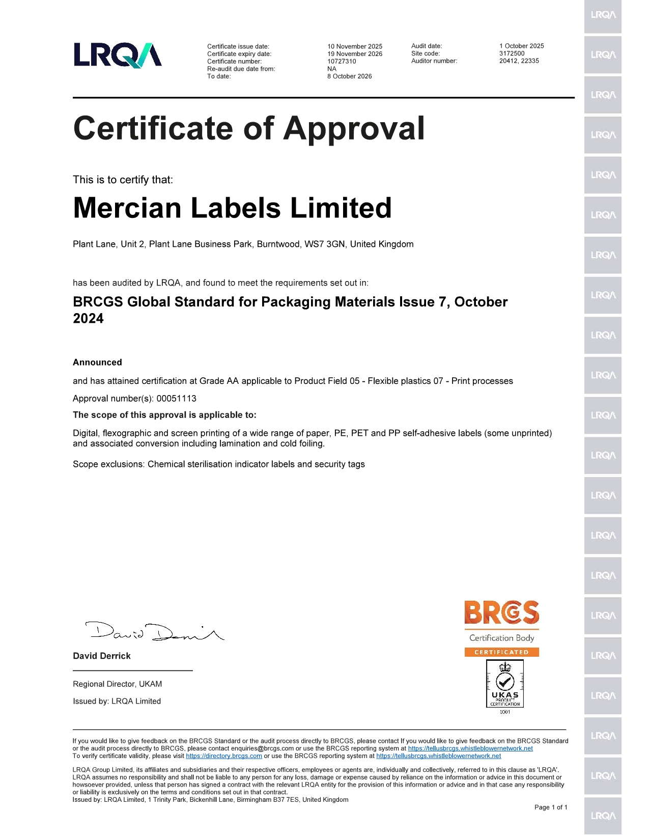 BRCGS Certificate of Approval for Mercian Labels Ltd - Issued 10-11-2025. AA Rated to Issue 7