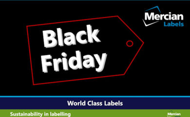 A Black Friday sale tag is centred on a black background. The tag is outlined in a thin red line, with the words "Black Friday" written in bold, white text. The Mercian Labels logo appears in the top right corner and a blue horizontal bar appears towards the base with the words ‘World Class Labels’ centred in white. A thin green horizontal bar sits below this with "Sustainability in labelling" in white text on the left, and the "Mercian zero" logo in green on the right.