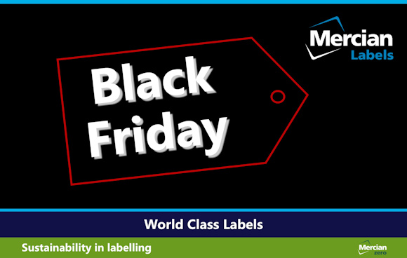 A Black Friday sale tag is centred on a black background. The tag is outlined in a thin red line, with the words "Black Friday" written in bold, white text. The Mercian Labels logo appears in the top right corner and a blue horizontal bar appears towards the base with the words ‘World Class Labels’ centred in white. A thin green horizontal bar sits below this with "Sustainability in labelling" in white text on the left, and the "Mercian zero" logo in green on the right.