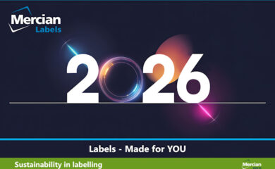A black background with a large, primarily white '2026' in the centre, with the zero appearing as an electric blue, purple and orange circle, and a strap line in white centred towards the base of the image stating ‘Labels – Made for YOU’ and the words ‘Sustainability in labelling’ beneath that on a mid-green background. The Mercian Labels logo appears in the top left corner and the Mercian Zero logo in the bottom right.